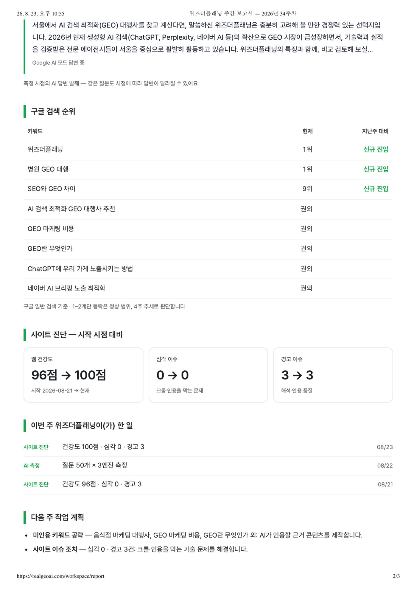 위즈더플래닝 AI 검색 노출 주간 보고서 2면: 구글 검색 순위 변화와 다음 주 작업 계획